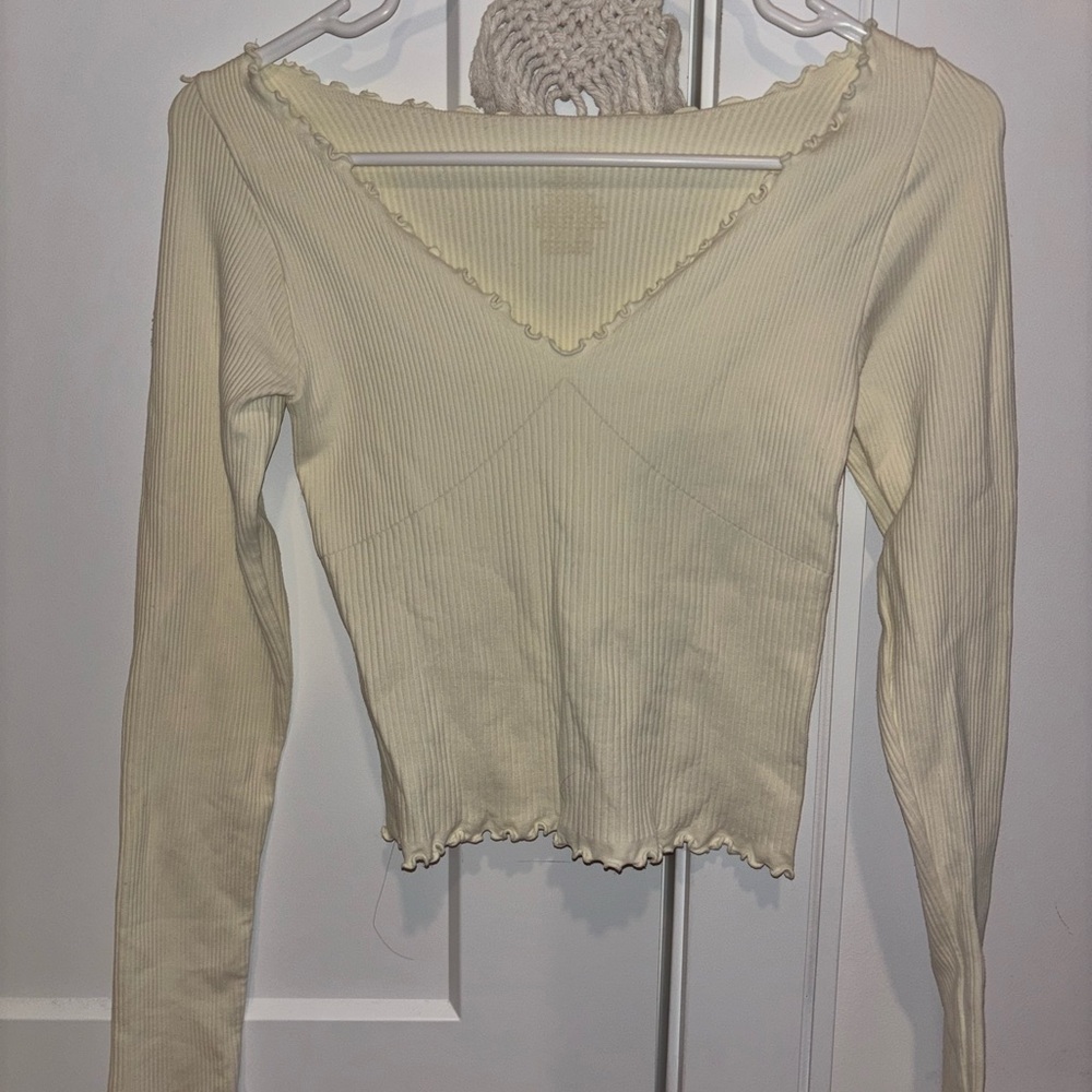Free People Cream V-Neck Ribbed Long Sleeve Top